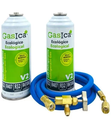 Pack gas refrigerante GASICA V2 - R22-R32-R407-R290-R410A + manguera carga 1/4"x1/4" + válvula