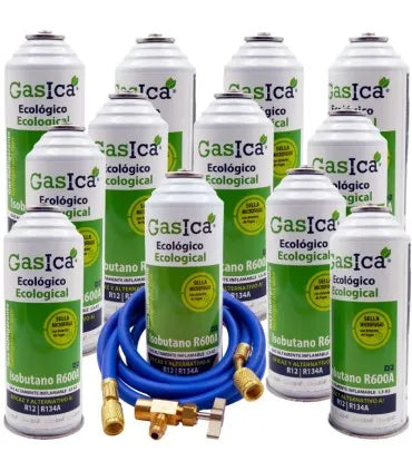 Pack 12 botellas gas refrigerante GASICA D2 - R12 R134a + manguera carga 5/16"x1/4" + válvula