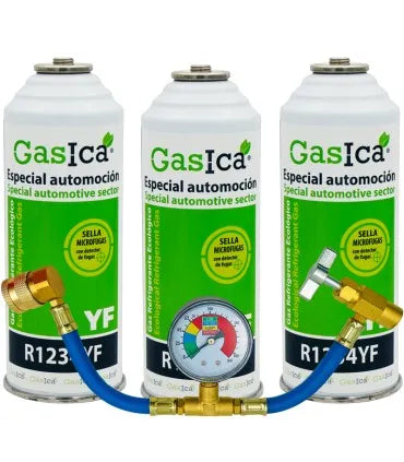 Pack 3 botellas gas refrigerante GASICA YF - R1234yf + manómetro