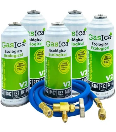 Pack 5 botellas gas refrigerante GASICA V2 - R22 R32 R407 R290 R410A + manguera carga 5/16"x1/4" + válvula