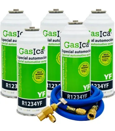 Pack 5 botellas gas refrigerante GASICA YF - R1234yf + manguera carga 1/4"x1/4" + válvula
