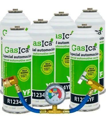 Pack 6 botellas gas refrigerante GASICA YF - R1234yf + manómetro