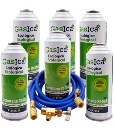 Pack 6 botellas gas refrigerante GASICA D2 - R12 R134a + manguera carga 5/16"x1/4" + válvula